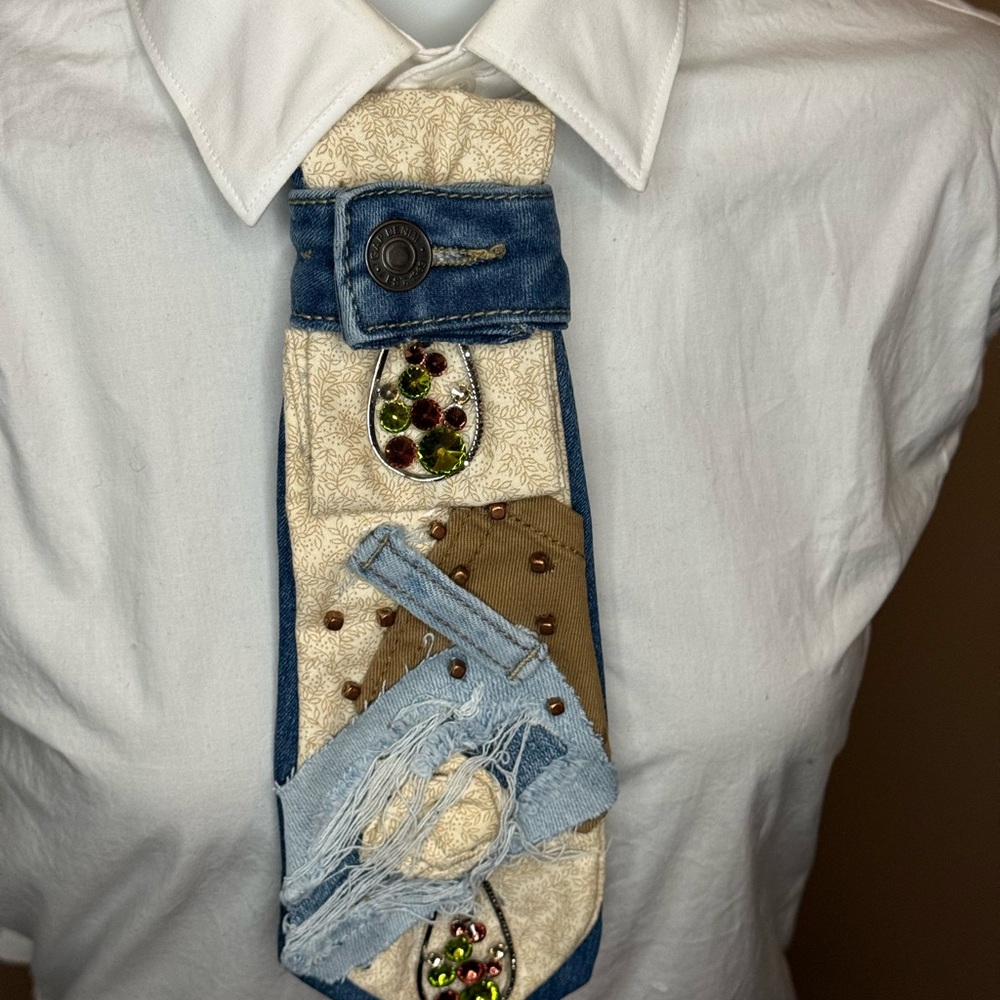 Unique Denim And Beige Patchwork Tie - image 5